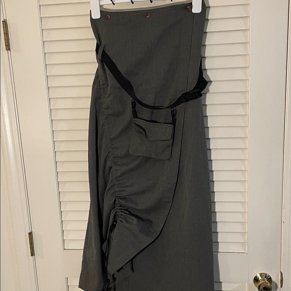 Vintage  Military Asymmetrical Gray Green Flap Ruched Skirt with Belt Pocket